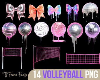 Pack néon de volley-ball goutte à goutte PNG : ballon rose argenté, filet, noeuds (téléchargement numérique)