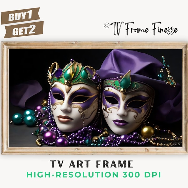 Samsung Frame TV Art Dark Black Muted Mardi Gras Design Purple Masks Jester Hat and Beads, Samsung Frame TV Art Home Décor Digital Download