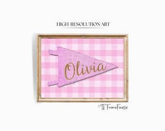 Printable Pennant Canvas Nursery Name Sign, Pink Gold Baby Girl Wall Art Decor, Kids Playroom Banner (Digital Download)