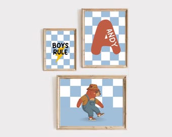 Boys Rule Nursery Wall Art 3 Set, Custom Name Letter Print, Blue Checker Bear Printable Toddler Room Decor Baby Shower Gift Digital Download