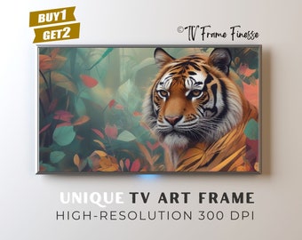Samsung Bilderrahmen TV Kunst Tiger im bunten Dschungel Wald surreales abstraktes Katzenporträt, Tierkunst digitale Illustration für virtuelle Anzeige