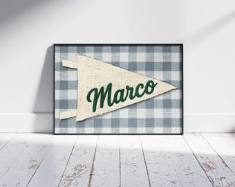Personalized Burlap Pennant Flag, Embroidered Name, Gingham Nursery Decor (Digital Download)