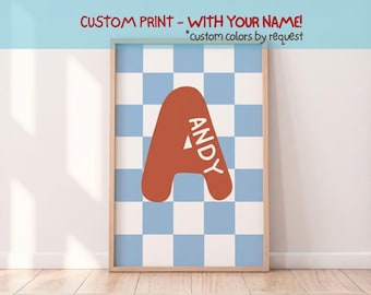 PERSONALIZED Initial Letter Print, Nursery Wall Art, Custom Name Baby Boy Room Decor, Blue Checker Terracotta Kids Toddler Bedroom Poster