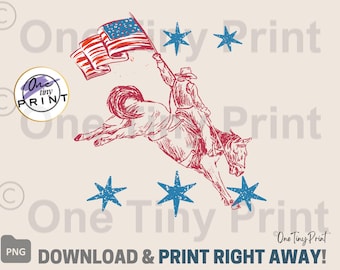 Western 4th of July PNG Shirt Sublimation Design, Red Blue Vintage Americana Cowboy Horse Rodeo Print, Rustic American Flag Graphic Clipart