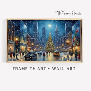May include: A framed winter cityscape painting featuring a Christmas tree, streetlights, and falling snow. The artwork depicts a city street with cars, buildings, and pedestrians. Text at the bottom reads "FRAME TV ART • WALL ART".