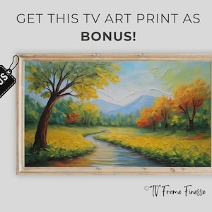 May include: A framed landscape art print featuring a winding river through a meadow with yellow and orange autumn trees and blue mountains in the background. The text GET THIS TV ART PRINT AS BONUS! appears above, and a black bonus tag is attached.