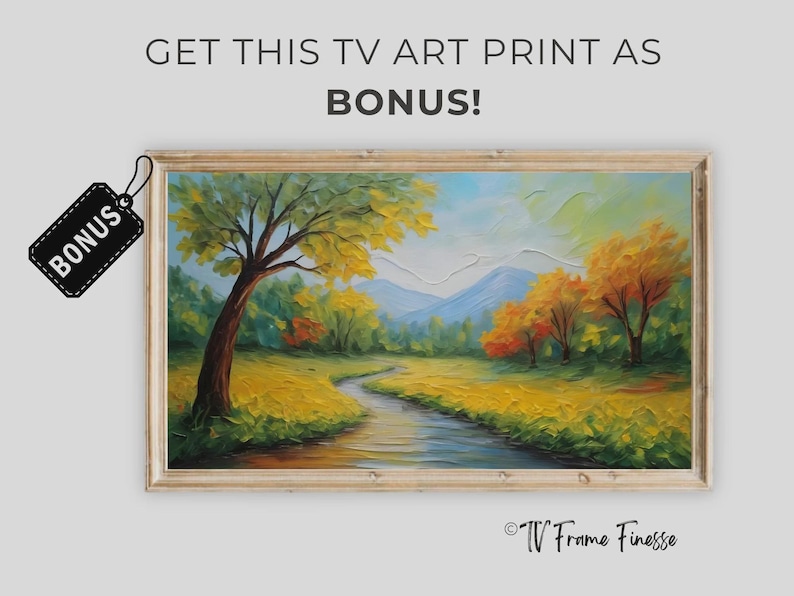 May include: A framed landscape art print featuring a winding river through a meadow with yellow and orange autumn trees and blue mountains in the background. The text GET THIS TV ART PRINT AS BONUS! appears above, and a black bonus tag is attached.