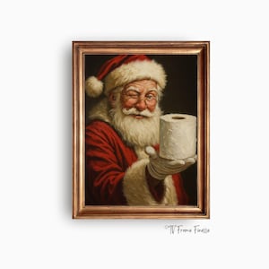 Pode incluir: Impressão emoldurada com o Pai Natal a piscar o olho e a segurar um rolo de papel higiénico. O Pai Natal veste um fato vermelho com acabamentos em pele branca e um chapéu a condizer. A obra de arte tem um estilo vintage e um fundo escuro.