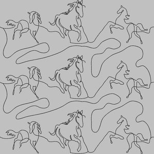 May include: A black and white line drawing of nine horses running in different directions. The horses are drawn in a simple, minimalist style.