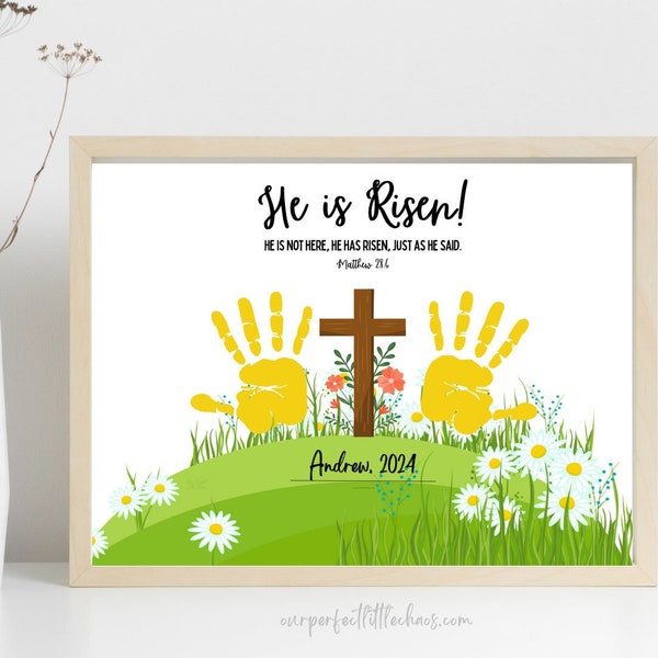 He is Risen Easter Scripture Handprint Craft for Sunday School | Christian Homeschool Crafts and Art | Preschool Bible Verse Handprint Art