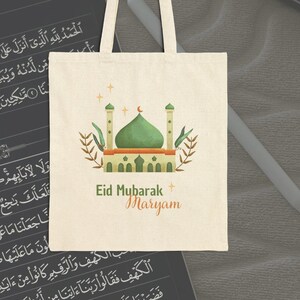 Eid Mubarak Tote Bag: Personalised Cotton Canvas Green Design