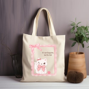 Coquette Tote Bag 100% Cotton Cute Cat Totebag Pink Bow Cat Tote Girly Gift Ideas Cat Lover Gift Bag