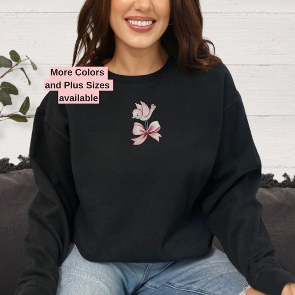 Coquette Sweatshirt pink bow, Cute Bird Oversized Sweater, Bird lover gift, Plus sizes available