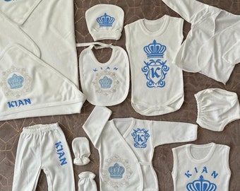 Baby set personalizzato per neonati 11 pezzi con nome e iniziale in stile reale, primo set per neonati