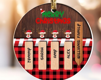 May include: Round Christmas ornament with a wood grain top and a red and black buffalo plaid bottom. The ornament has the words "Merry Christmas" and the names "Tommy", "Sarah", "Amy", and "Alex". The family name "Williams Family" is also displayed.