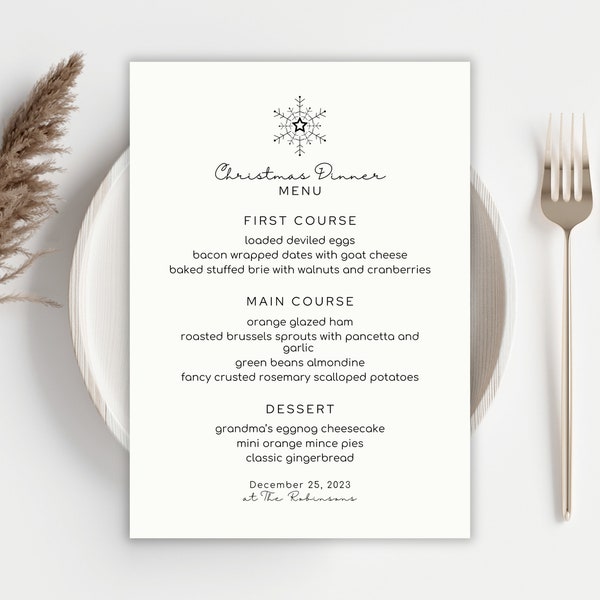 Christmas Menu Template with Simple Minimalist Design, 5x7 Inches, PRINTABLE and Editable Template, INSTANT DOWNLOAD