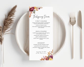 Autumn Floral Thanksgiving Menu Template: Editable 4x9 (Digital Download)