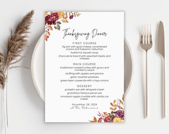 Modello di menu floreale autunnale per il Ringraziamento: modificabile 5x7 (download digitale)
