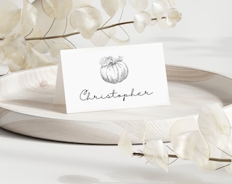 Plantilla para tarjeta de lugar de Acción de Gracias: Diseño minimalista de calabaza (Descarga digital)