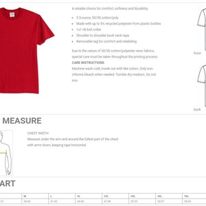 May include: A red short-sleeve t-shirt with a crew neck. The image includes details about the shirt's fabric, care instructions, and a size chart. The shirt is made of a cotton/polyester blend.