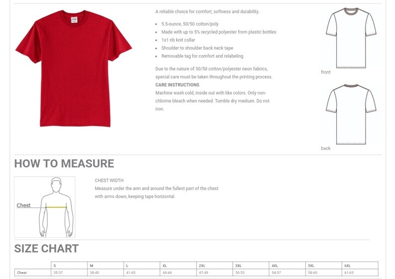 May include: A red short-sleeve t-shirt with a crew neck. The image includes details about the shirt's fabric, care instructions, and a size chart. The shirt is made of a cotton/polyester blend.
