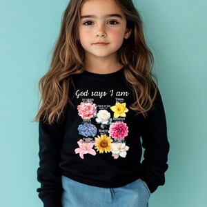 Floral God says I am Youth Crewneck, scripture, christian clothing for kids, Religious Gifts