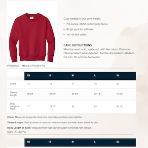 May include: A red Port & Co. Youth Core Fleece Crewneck Sweatshirt. The image includes product measurements for chest, sleeve length, and body length at back in inches. Care instructions are also provided, including machine wash cold and tumble dry medium.