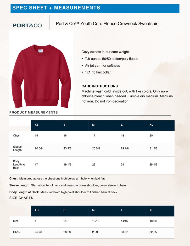 May include: A red Port & Co. Youth Core Fleece Crewneck Sweatshirt. The image includes product measurements for chest, sleeve length, and body length at back in inches. Care instructions are also provided, including machine wash cold and tumble dry medium.