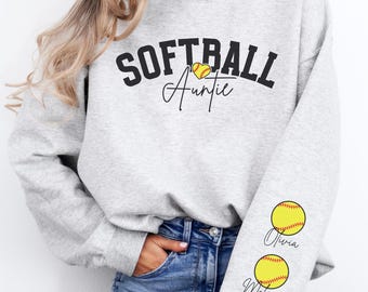 Custom Softball Aunt Sweatshirt Names on Sleeves Personalized Softball Auntie Sweatshirt Softball Gifts for Aunt Softball Sweater Custom