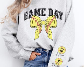 Custom Softball Sweatshirt Names on Sleeve Softball Game Day Sweatshirt Softball Coquette Sweater  Personalized Softball Mom Sweatshirt
