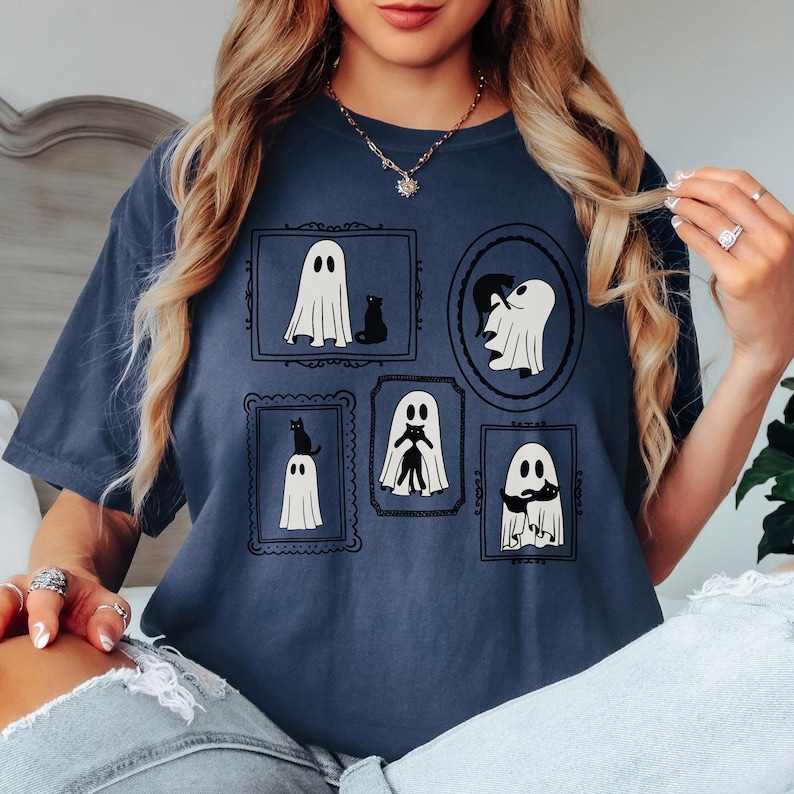 Halloween katt spöke skjorta komfortfärger söt spöke skjorta kattmamma Halloween skjorta svart katt t-shirt Halloween spöke läskig skjorta Halloween gåva Denim