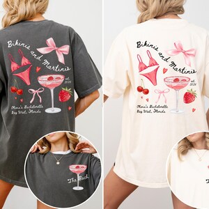 Camisa de despedida de soltera con bikinis y martinis, colores cómodos, camisa de bikinis y martinis, camisas personalizadas para despedida de soltera en la playa, camisa de Martini Bach