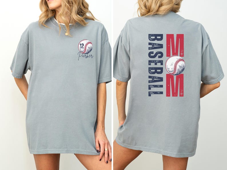 Custom baseball Mom Shirt. The baseball TShirt says baseball mom on the back in navy and red. The front is personalized with a baseball and the player name and number. Comfort colors tee, crewneck, short sleeves
