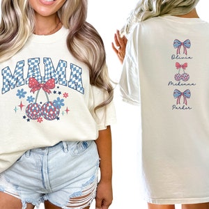 Custom American Mama Shirt with Names, Personalized 4th of July Mom Shirt, Coquette Mama TShirt, Patriotic USA Mama T Shirt, Gift for Mom