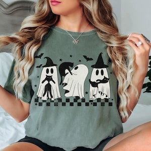 Halloween Cat Ghost Shirt Comfort Colors Funny Ghosts With Black Cats Witch Hat Tee Retro Spooky Season Shirt Gift For Cat Lovers