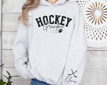 Hockey Grandma Hoodie Personalized Hockey Sweatshirt Name on Sleeve Hockey Grandma Sweater Custom Hockey Gift for Grandma Game Day Hockey