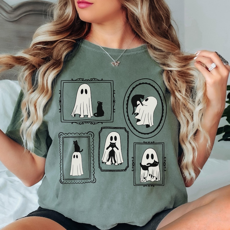Halloween katt spöke skjorta komfortfärger söt spöke skjorta kattmamma Halloween skjorta svart katt t-shirt Halloween spöke läskig skjorta Halloween gåva Moss