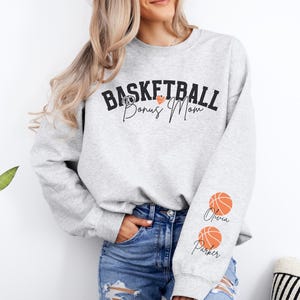 Basketball Bonus Mom Sweater Personalized Crewneck with Heart Custom Sleeve Names Basketball Stepmom Gift Game Day Shirt