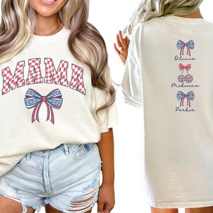 Custom American Mama Shirt with Names, Personalized 4th of July Mom Shirt, Coquette Mama TShirt, Patriotic USA Mama T Shirt, Gift for Mom