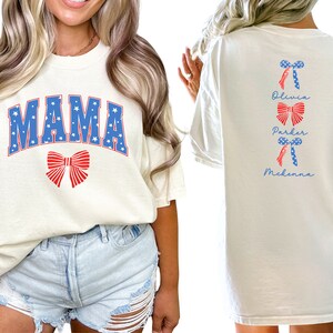 Custom American Mama Shirt with Names, Personalized 4th of July Mom Shirt, Coquette Mama TShirt, Patriotic USA Mama T Shirt, Gift for Mom