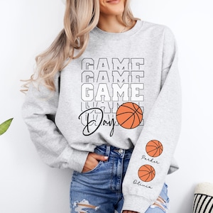 Game Day Basketball Sweatshirt Personalized Sleeve with Names Custom Basketball Sweater for Mom Aunt Grandma Fan Game Day Gift