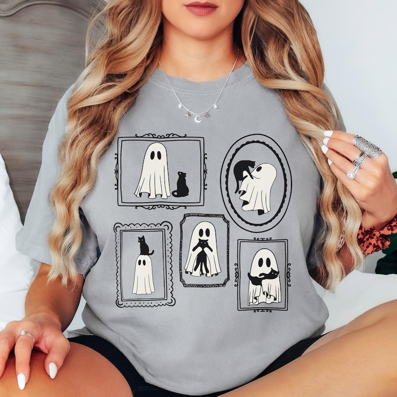 Halloween katt spöke skjorta komfortfärger söt spöke skjorta kattmamma Halloween skjorta svart katt t-shirt Halloween spöke läskig skjorta Halloween gåva Grey