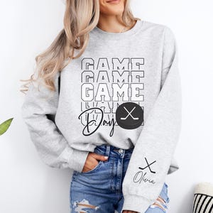 Game Day Hockey Sweatshirt Personalized Hockey Sweater Name on Sleeve Hockey Mom Sweatshirt Custom Hockey Sweatshirt Women Hockey Gifts