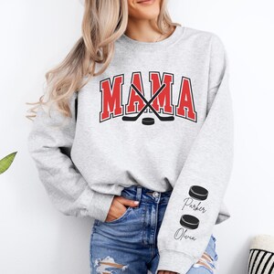 Mom Hockey Sweatshirt Personalized Hockey Sweater Name on Sleeve Hockey Mama Sweatshirt Custom Hockey Gift Mom Game Day Hockey Sweatshirt
