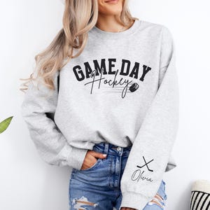 Game Day Hockey Sweatshirt Personalized Hockey Sweater Name on Sleeve Hockey Mom Sweatshirt Custom Hockey Sweatshirt Women Hockey Gifts