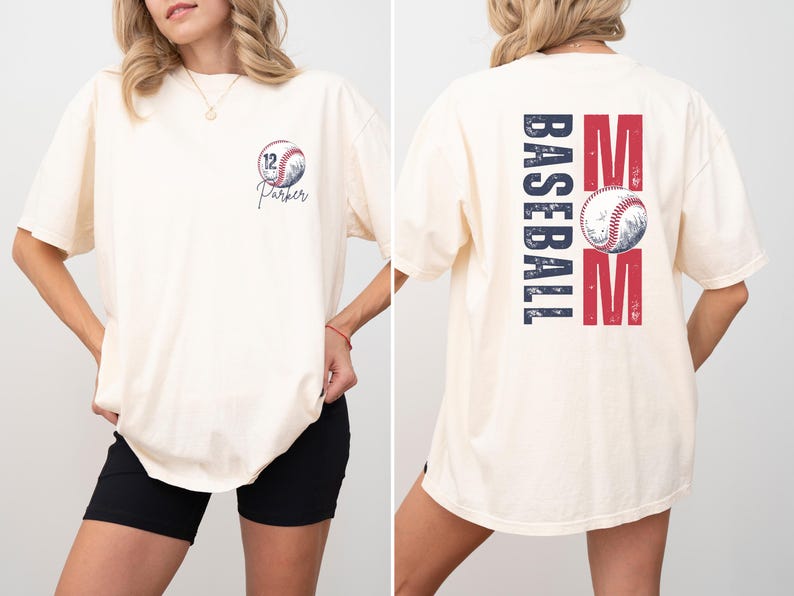 Custom baseball Mom Shirt. The baseball TShirt says baseball mom on the back in navy and red. The front is personalized with a baseball and the player name and number. Comfort colors tee, crewneck, short sleeves