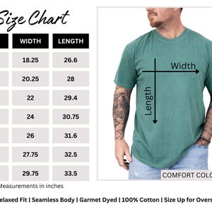 K&ouml;nnte beinhalten: Gr&ouml;&szlig;entabelle f&uuml;r ein T-Shirt mit Ma&szlig;en in Zoll f&uuml;r die Gr&ouml;&szlig;en S bis 4XL. Die Tabelle zeigt die Breiten- und L&auml;ngenma&szlig;e f&uuml;r jede Gr&ouml;&szlig;e. Das Bild zeigt auch ein Model, das ein gr&uuml;nes T-Shirt tr&auml;gt.