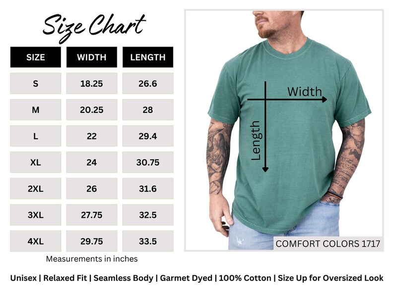 K&ouml;nnte beinhalten: Gr&ouml;&szlig;entabelle f&uuml;r ein T-Shirt mit Ma&szlig;en in Zoll f&uuml;r die Gr&ouml;&szlig;en S bis 4XL. Die Tabelle zeigt die Breiten- und L&auml;ngenma&szlig;e f&uuml;r jede Gr&ouml;&szlig;e. Das Bild zeigt auch ein Model, das ein gr&uuml;nes T-Shirt tr&auml;gt.