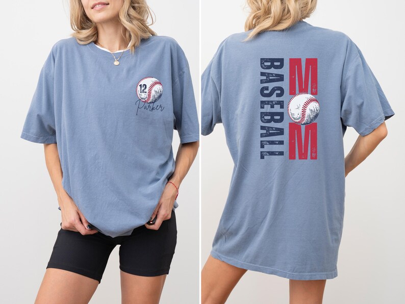 Custom baseball Mom Shirt. The baseball TShirt says baseball mom on the back in navy and red. The front is personalized with a baseball and the player name and number. Comfort colors tee, crewneck, short sleeves