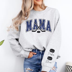 Mom Hockey Sweatshirt Personalized Hockey Sweater Name on Sleeve Hockey Mama Sweatshirt Custom Hockey Gift Mom Game Day Hockey Sweatshirt